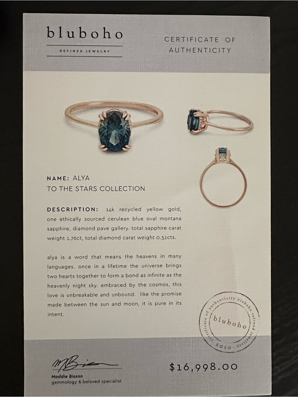 bluboho Alya Cerulean Montana Sapphire Ring in Yellow Gold